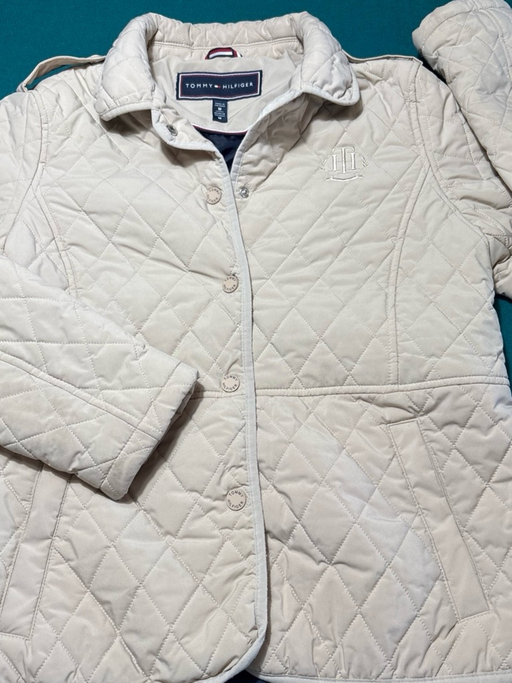 Tommy Hilfiger Diamond Quilted Light Beige Jacket with Embroidered Logo , M $24